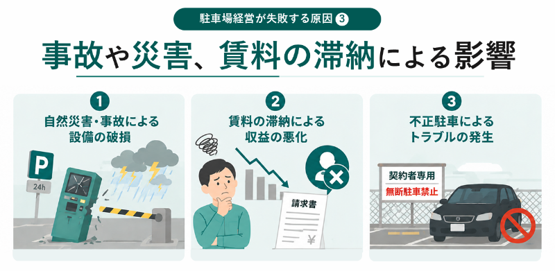 駐車場経営で失敗する原因_①事故や災害、賃料の滞納による影響を受けた